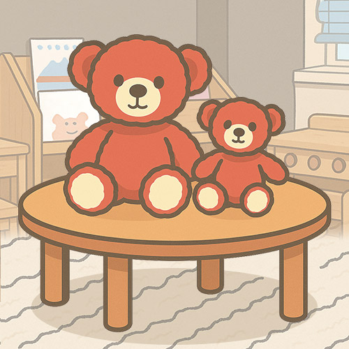 木のおもちゃとぬいぐるみを組み合わせて、もっと楽しく